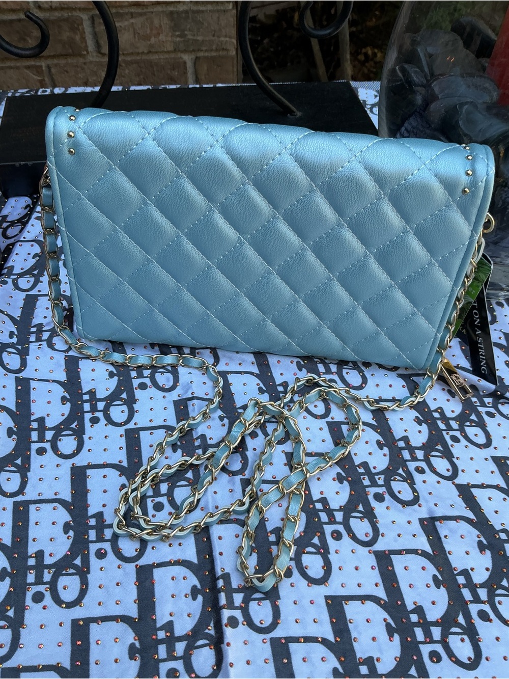 Badgley Mischka Quilted Crossbody Bag in Light Blue with Gold Chain - Picture 2 of 4